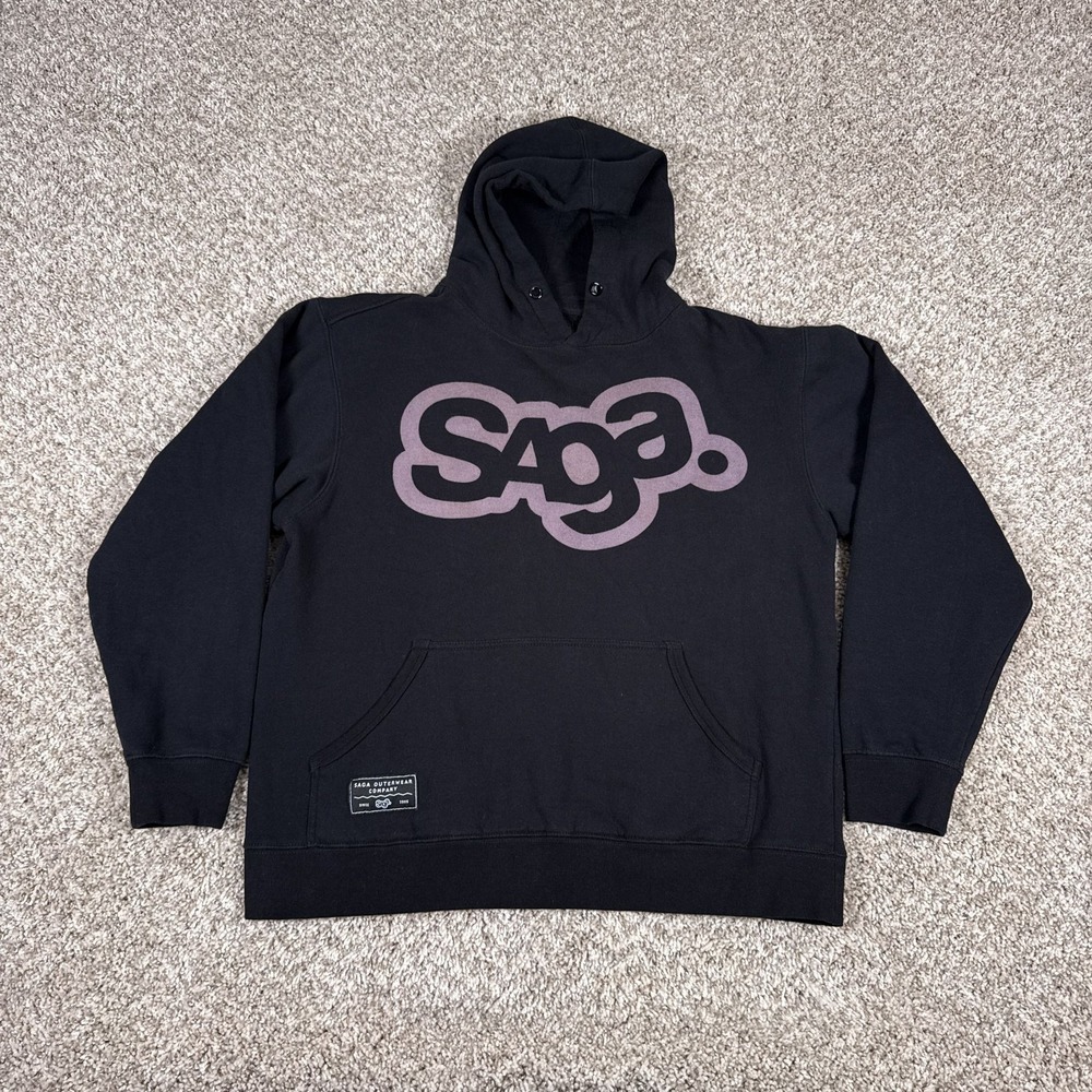 Saga Outerwear Hoodie Mens M Black Pullover Graphic Logo Fleece Lined Casual